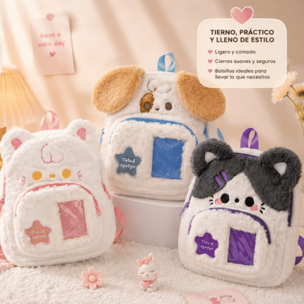 Mochila de Peluche Infantil Kawaii con Diseños de Animales y Bolsillo Transparente