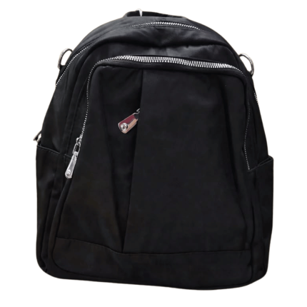 Mochila Bolso Negra Impermeable Multibolsillos con Cremalleras Plateadas y Plegado Frontal